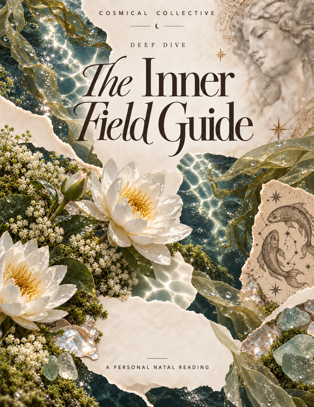 The Inner Field Guide cover: white water lilies, torn cream paper, blue water, and an engraved Pisces motif